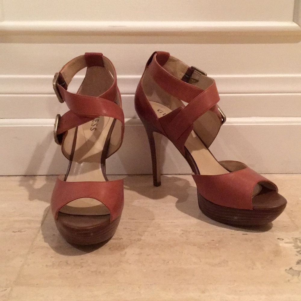 GUESS platform leather strappy heels
